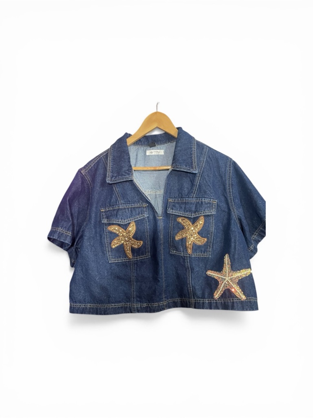 Denim Crop Jacket with Gold Sequin Starfish Details design by Jenstylez - Picture 4 of 4